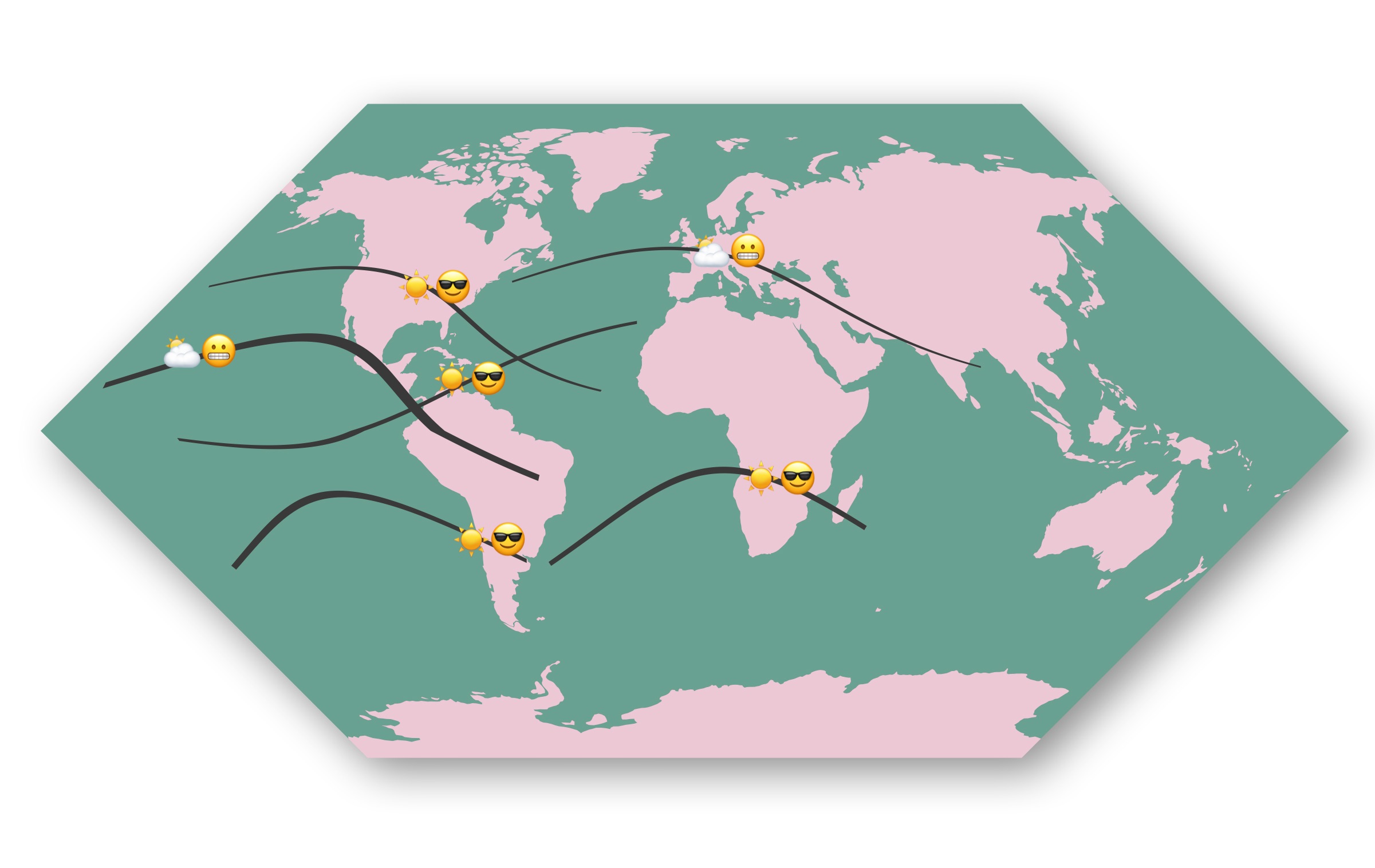 map showing paths of total eclipses I've seen, with emoji indicating sunny or cloudy weather