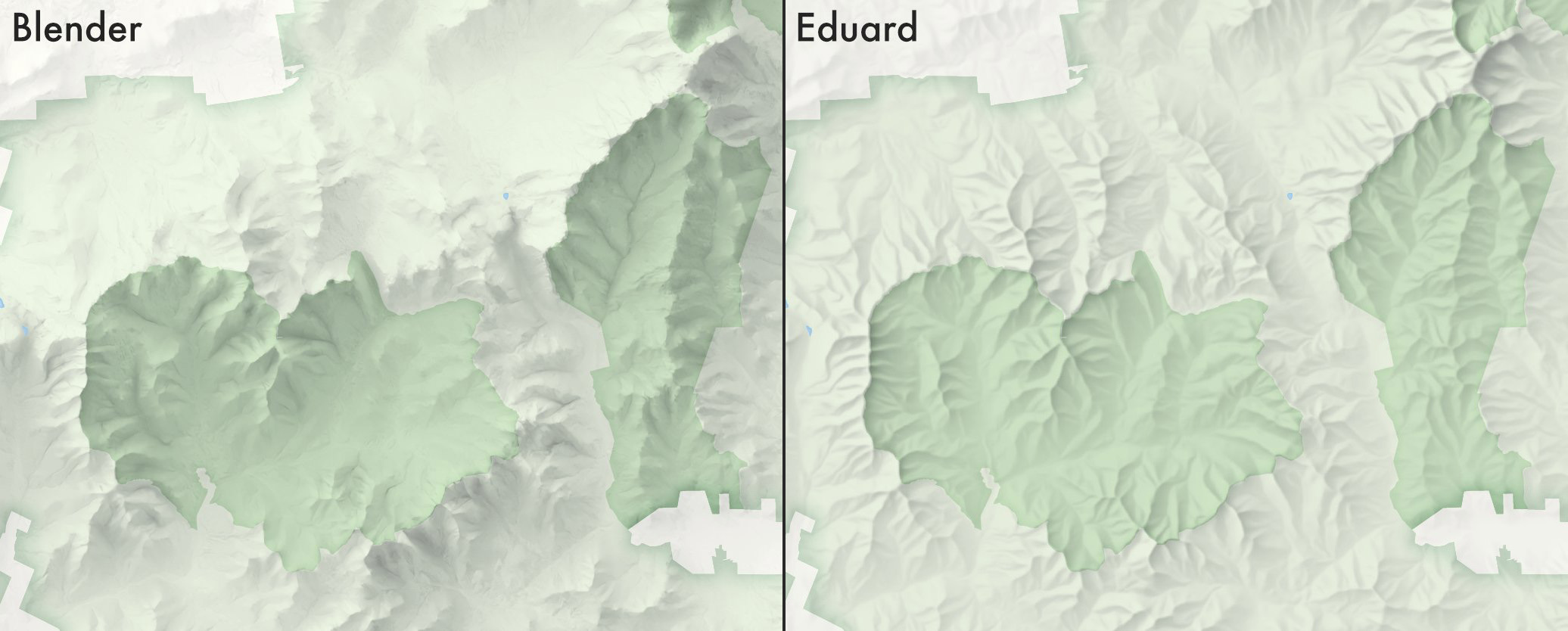 Side by side comparison of Blender and Eduard shaded relief for this region