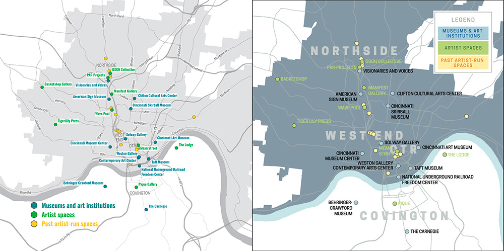 Side-by-side maps of Cincinnati art institutions