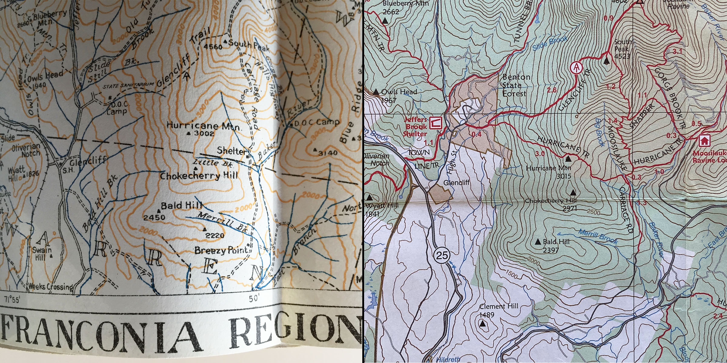 Photo of Maps from the 1936 and 2007 editions of the AMC White Mountain Guide